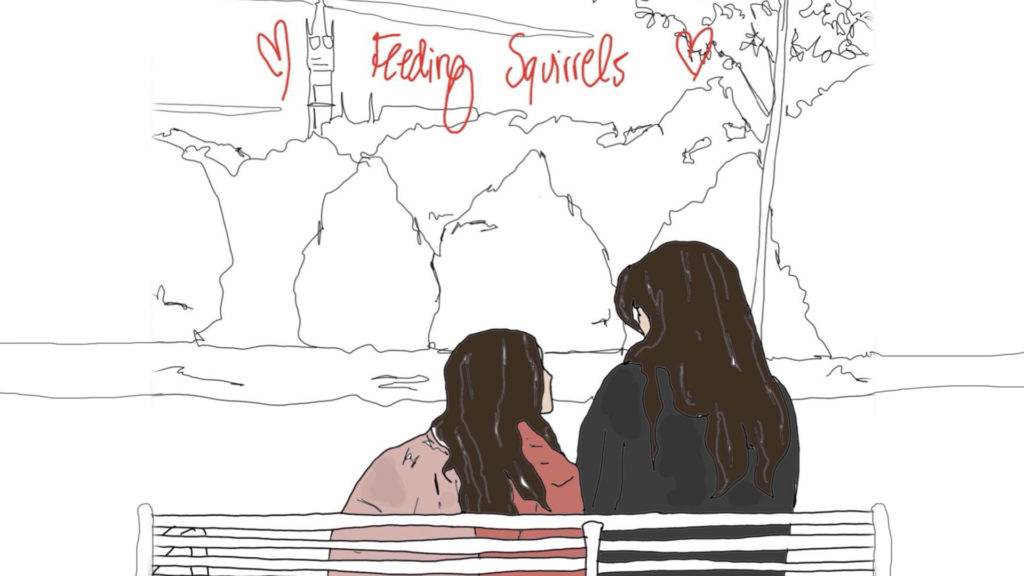 Drawing of two girl sitting on a park bench